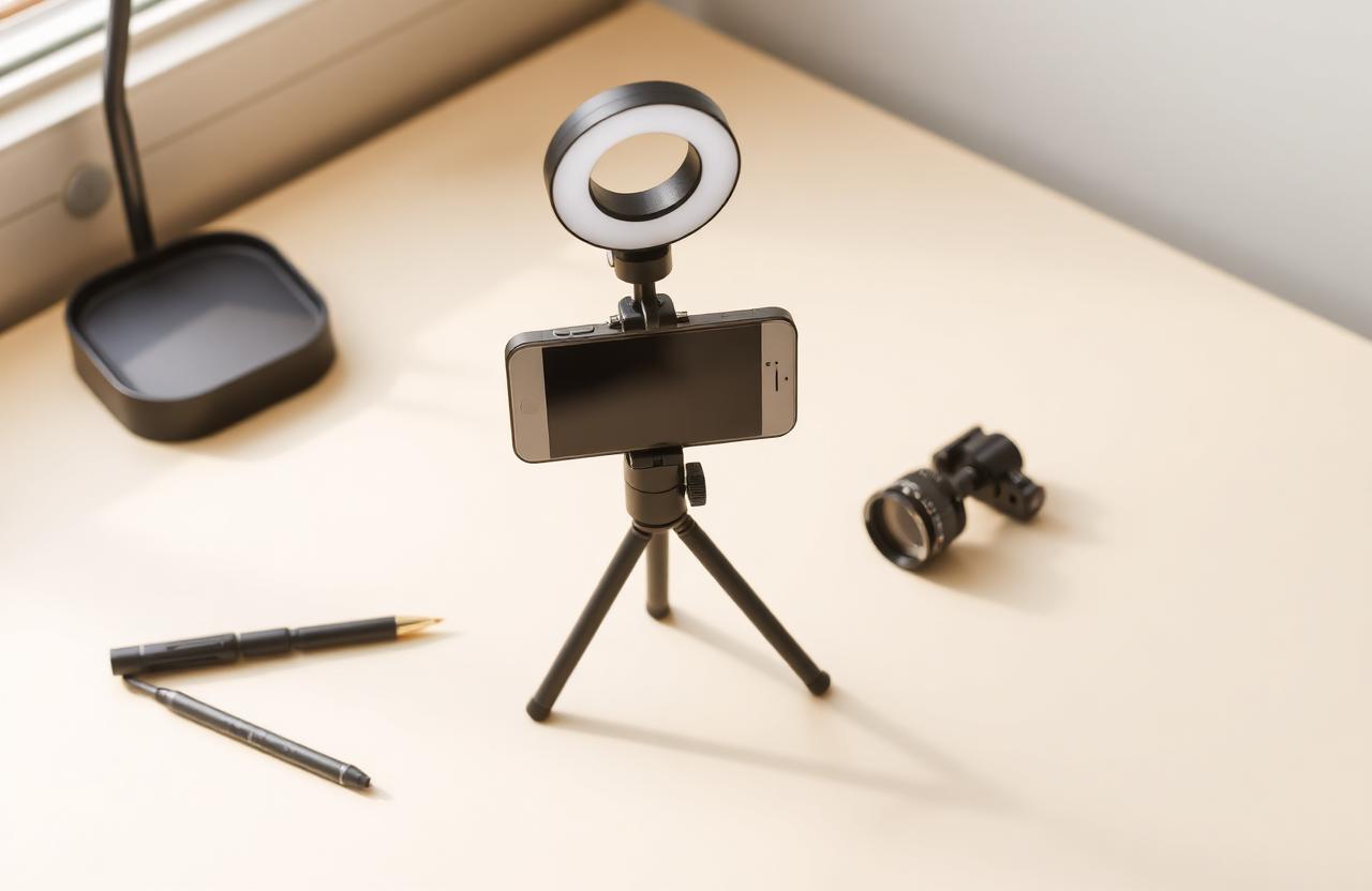 Imagen ilustrativa: equipo económico para crear contenido con celular, trípode y aro de luz