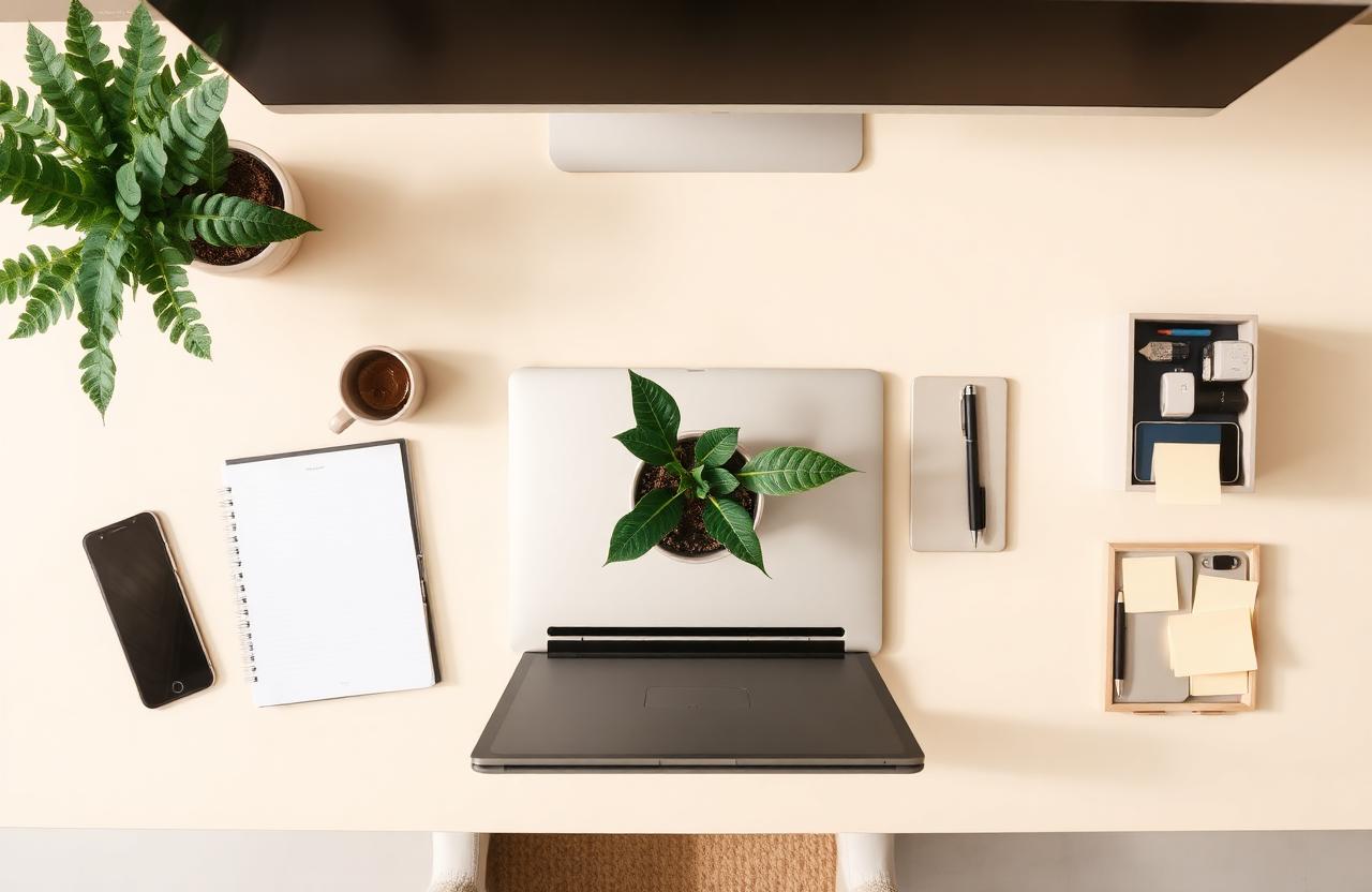 Imagen ilustrativa: escritorio minimalista organizado con laptop, libreta y planta