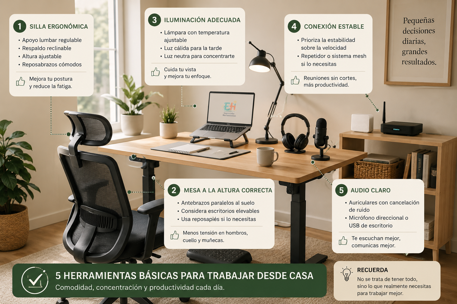 5 herramientas básicas para trabajar desde casa: silla ergonómica, mesa a la altura correcta, iluminación adecuada, conexión estable y audio claro