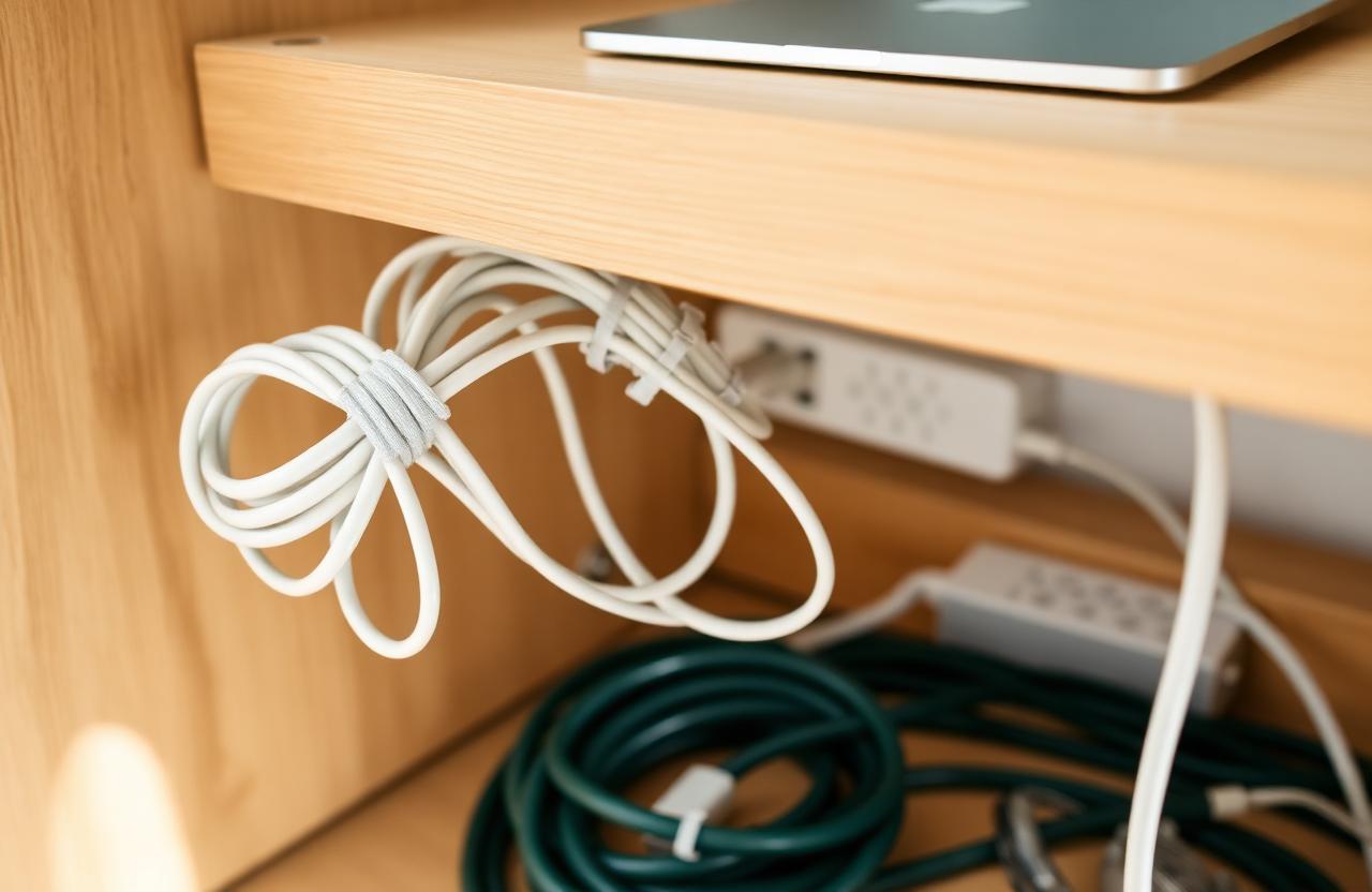 Imagen ilustrativa: cables del escritorio organizados con bridas y bandeja